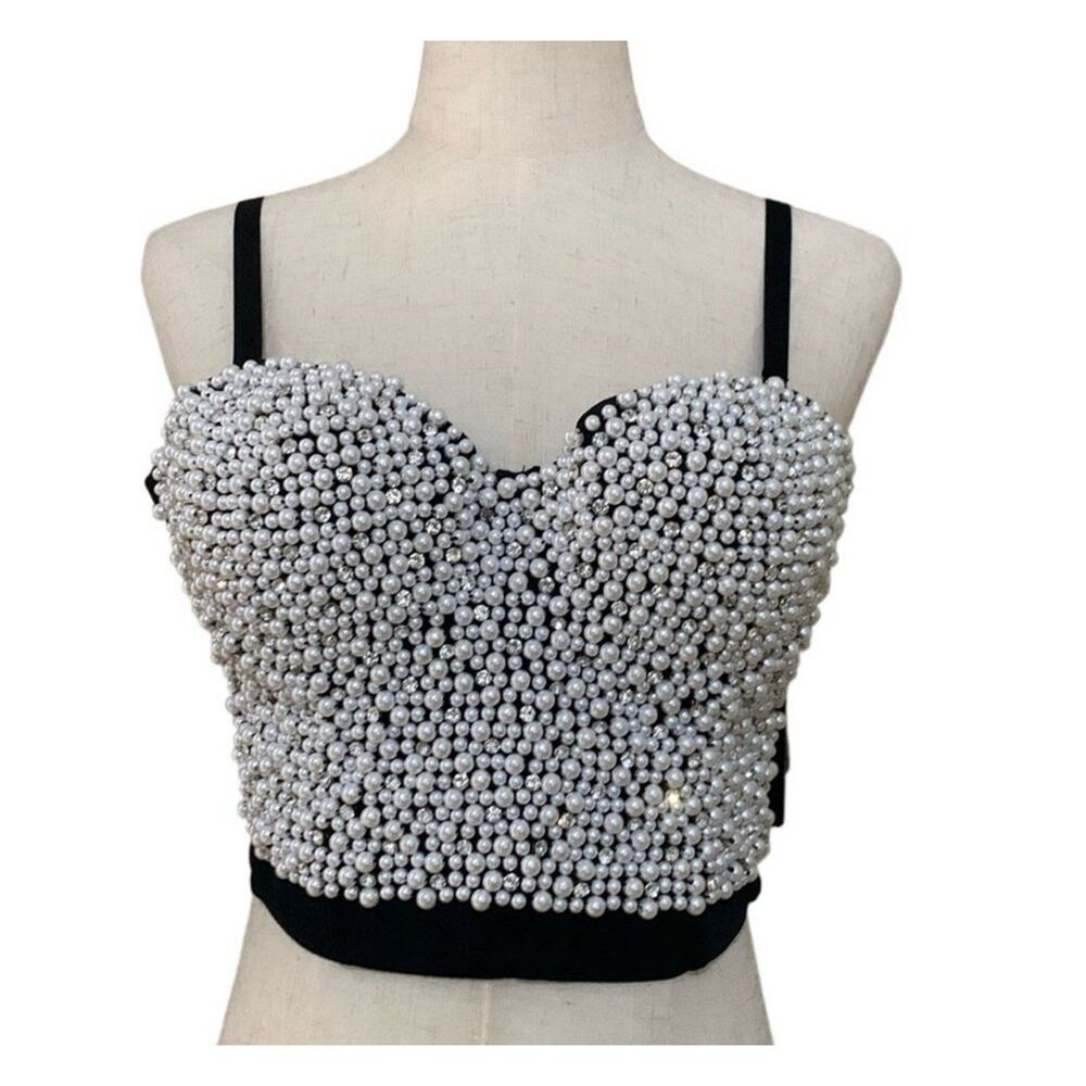 She's Moda Corset Bustier Crop Top Black Pearls Rhinestones Women’s Size 36